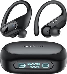 occiam Wireless Earbuds Bluetooth 5.3 Headphones 96Hrs Playback Sports Ear Buds with Microphone Earhook Waterproof in Ear Earphones LED Power Display Headset for Workout Running Black