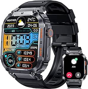 Smart Watch (Make/Answer Calls), 2” HD Big Screen Waterproof Fitness Tracker with Heart Rate, Blood Oxygen Monitor, Sleep Monitor, 100+ Sports Modes Military Smartwatch for iPhone & Android Phones