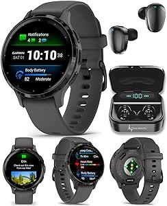 Garmin Venu 3S GPS Smartwatch AMOLED Display 41mm Watch, Advanced Health and Fitness Features, Up to 10 Days of Battery, Sleep Coach, Pebble Gray with Wearable4U Black Earbuds Bundle