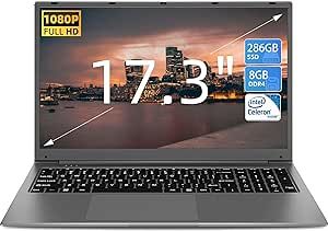 SGIN Laptop, 17" IPS Full HD Display Laptops Computer, 8GB RAM 256GB SSD Notebook with Intel Celeron Quad-core Processor, Mini HDMI, Webcam, Dual Wi-Fi, 8000 mAh Battery