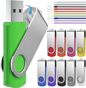 Flash Drive 10 Pack 32GB USB 2.0 Thumb Drives Swivel Memory Stick Zip Drives Pen Drives Jump Drive Bulk with Lanyard for Data Storage and Backup (10 PCS, Multi-Color)